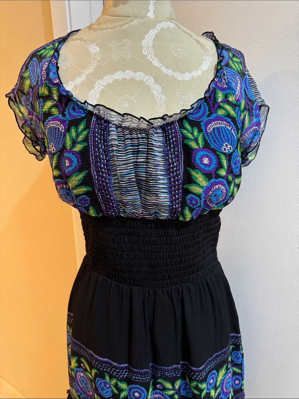 Ana Sui Silk Floral Striped Ruffled Off Shoulder Sheer Lined Midi Dress M 6